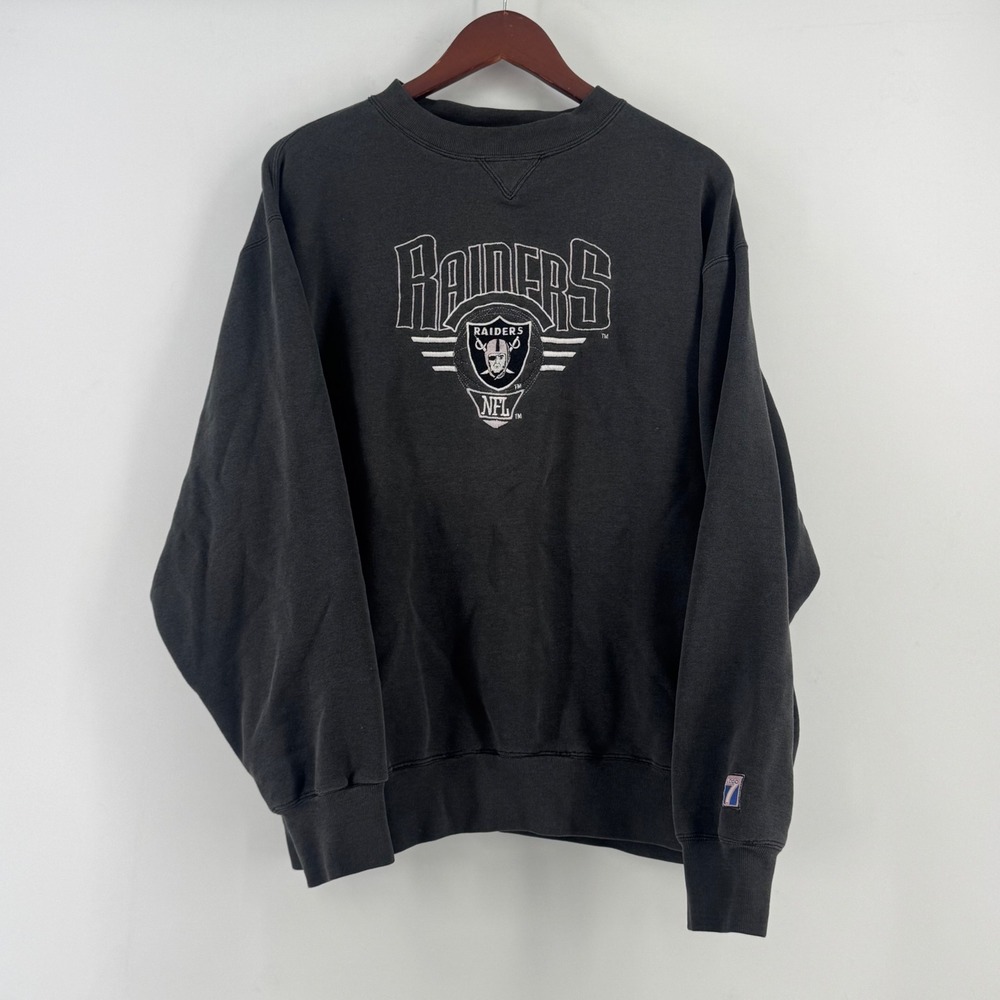 Vintage Logo 7 NFL‎ Raiders Sweatshirt Faded Black Embroidered Crewneck L 90s